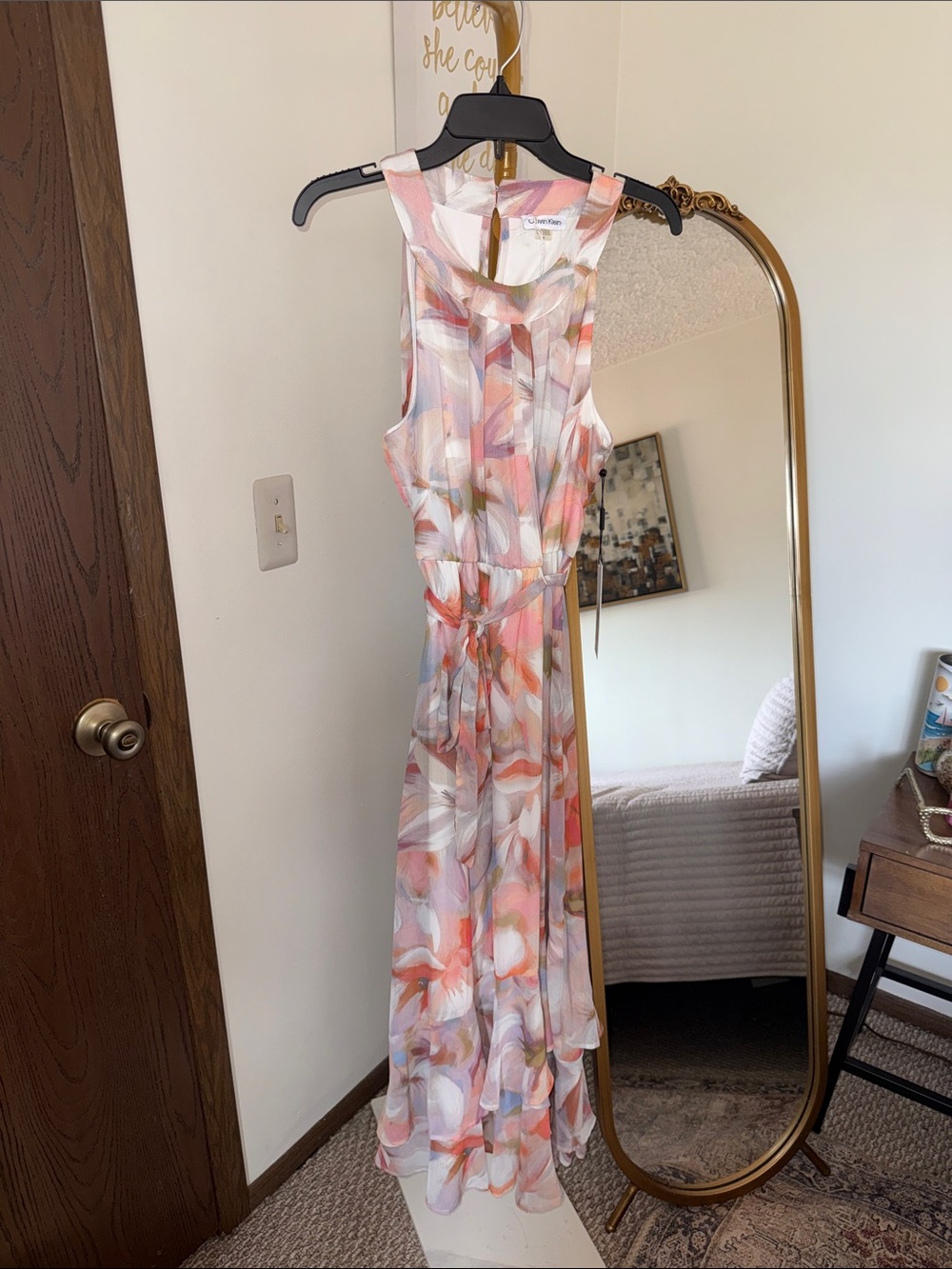 Calvin Klein Sleeveless Watercolor Maxi Dress in Pink & Cream